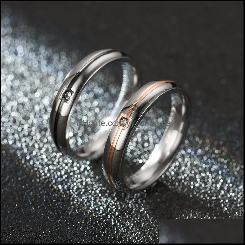 stainless steel diamond ring band black rose gold line couple engagement wedding rings for women men fashion jewelry