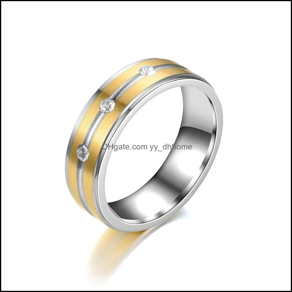 fashion gold contrast color diamond ring stripe stainless steel couple engagement wedding rings band gift