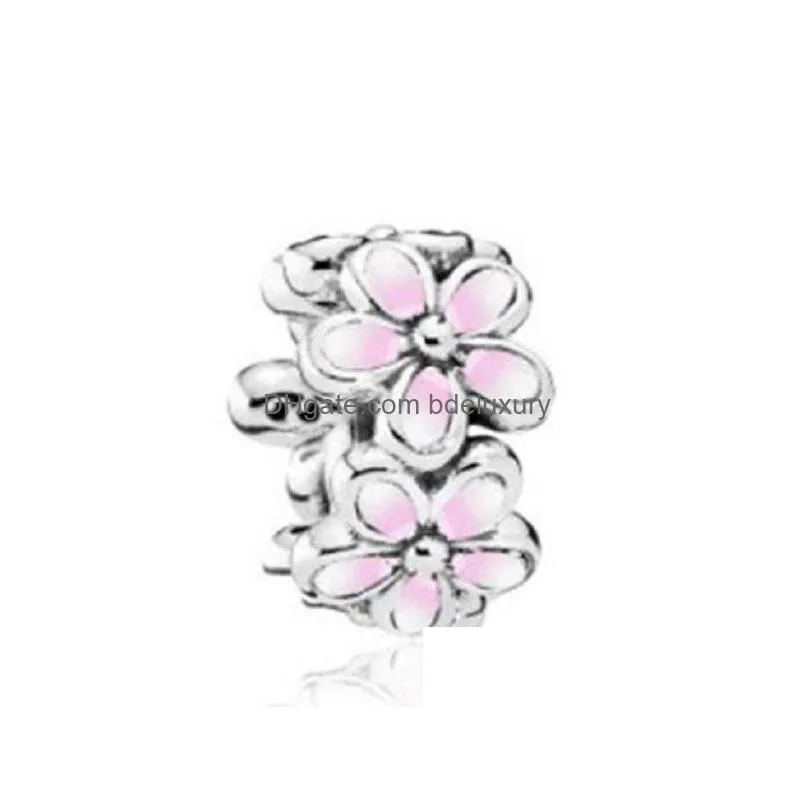 20pcs fits pandora 925 sterling silver bracelet pink enamel magnolia crystal dangle beads charms for european snake charm chain fashion diy jewelry