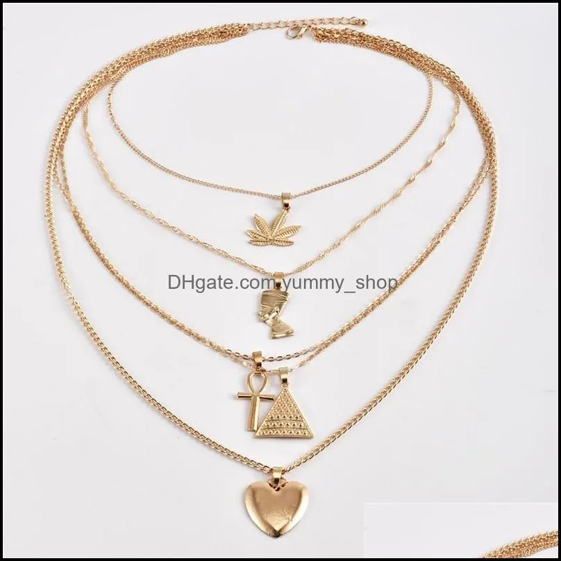 gold multilayer necklace maple leaf pharaoh pyramid heart necklace wrap necklaces pendant stackings women fashion jewelry