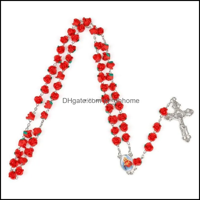 rose beads rosary necklace christian cross soft pottery rosaries long cross necklaces religious jewelry for women girls fashion