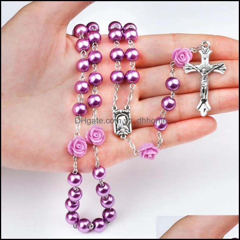 4 colors pink rose rosary madonna jesus cross necklace pendants pearl necklace fashion jewelry