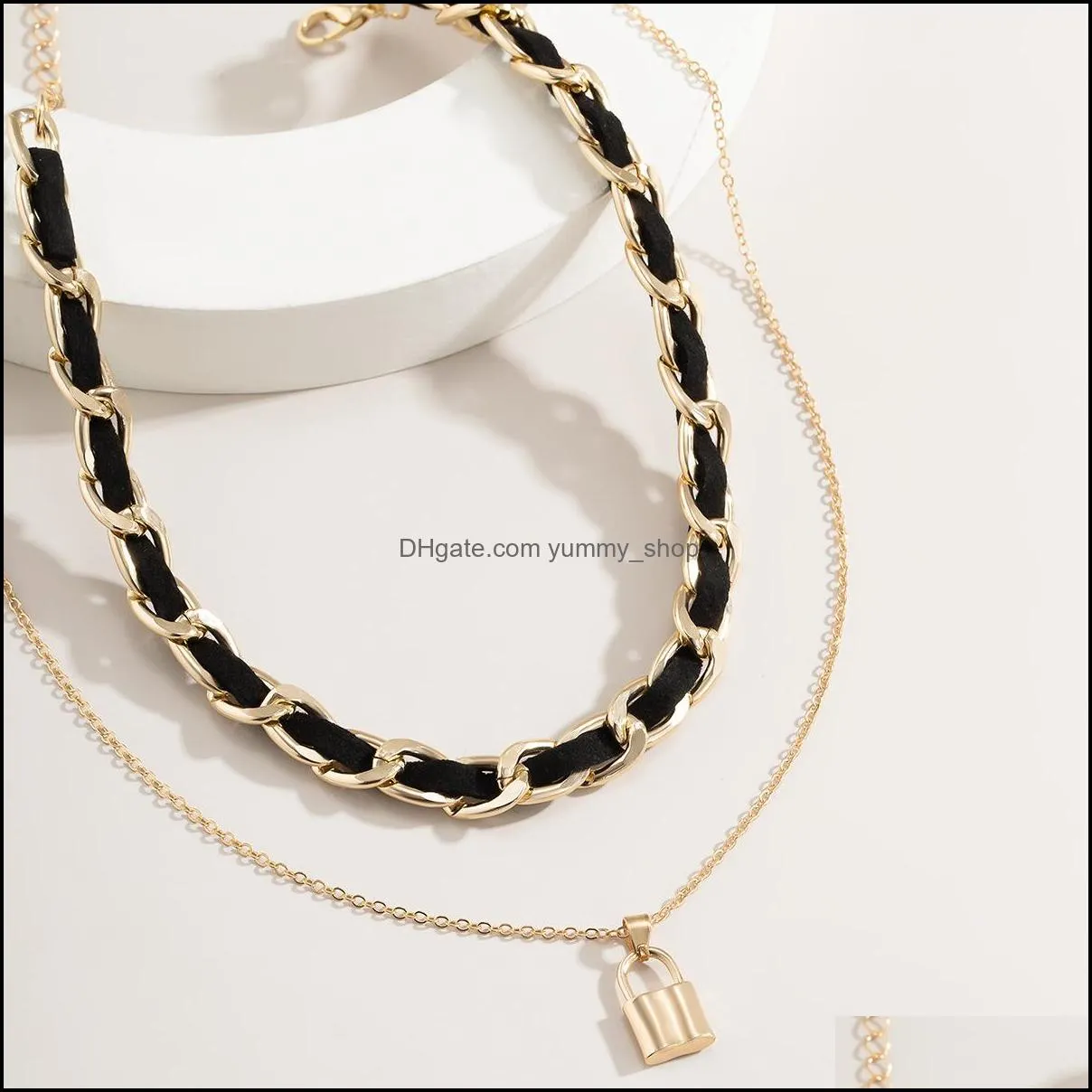 gold chains lock pendant necklace lace multi layer wrap choker necklaces women fashion jewelry gift
