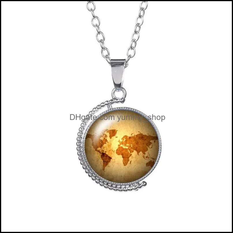 vintage kraft paper world map time gem necklace doublesided glass cabochon rotatable globe necklaces for men women children jewelry