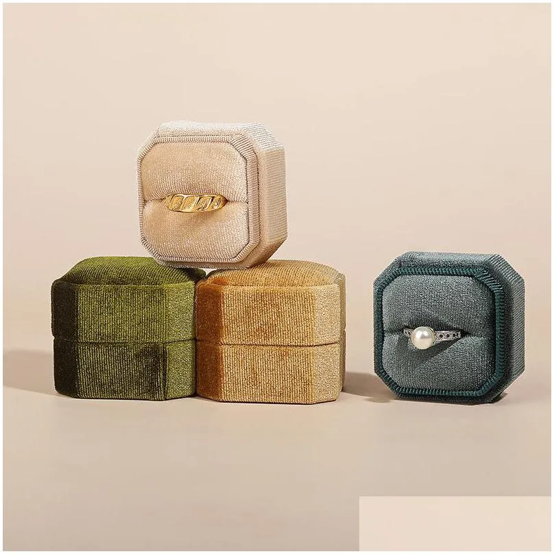 octagon velvet jewelry box double ring pendant storage boxes with detachable lid for engagement ring packaging display gift case