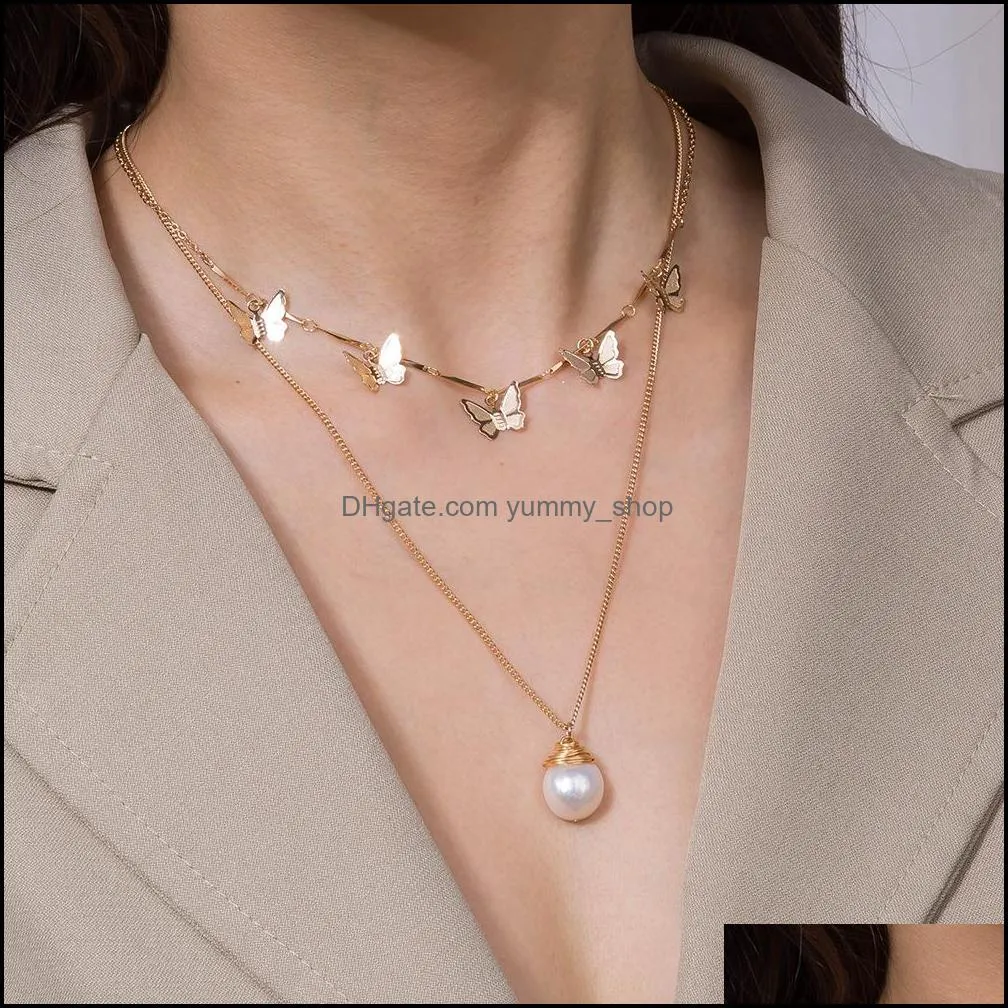 pearl pendant butterfly choker necklace gold chains multi layer women necklaces fashion jewelry gift 