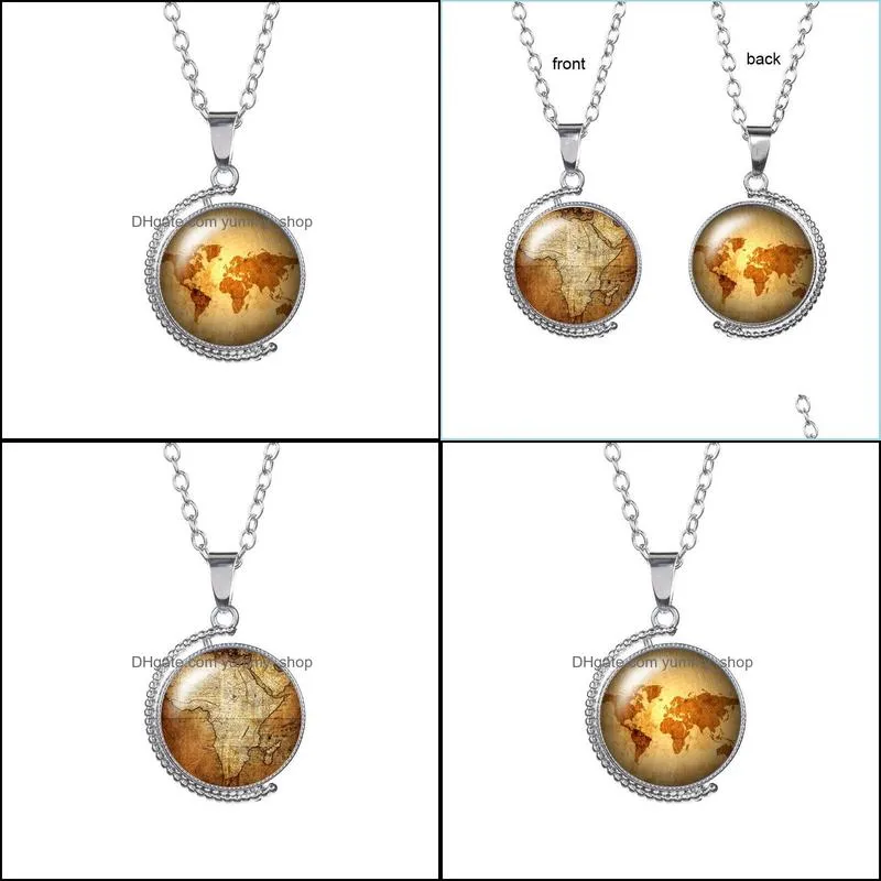 vintage kraft paper world map time gem necklace doublesided glass cabochon rotatable globe necklaces for men women children jewelry