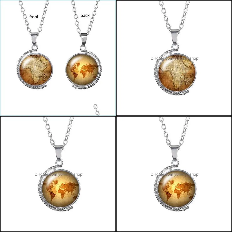 vintage kraft paper world map time gem necklace doublesided glass cabochon rotatable globe necklaces for men women children jewelry