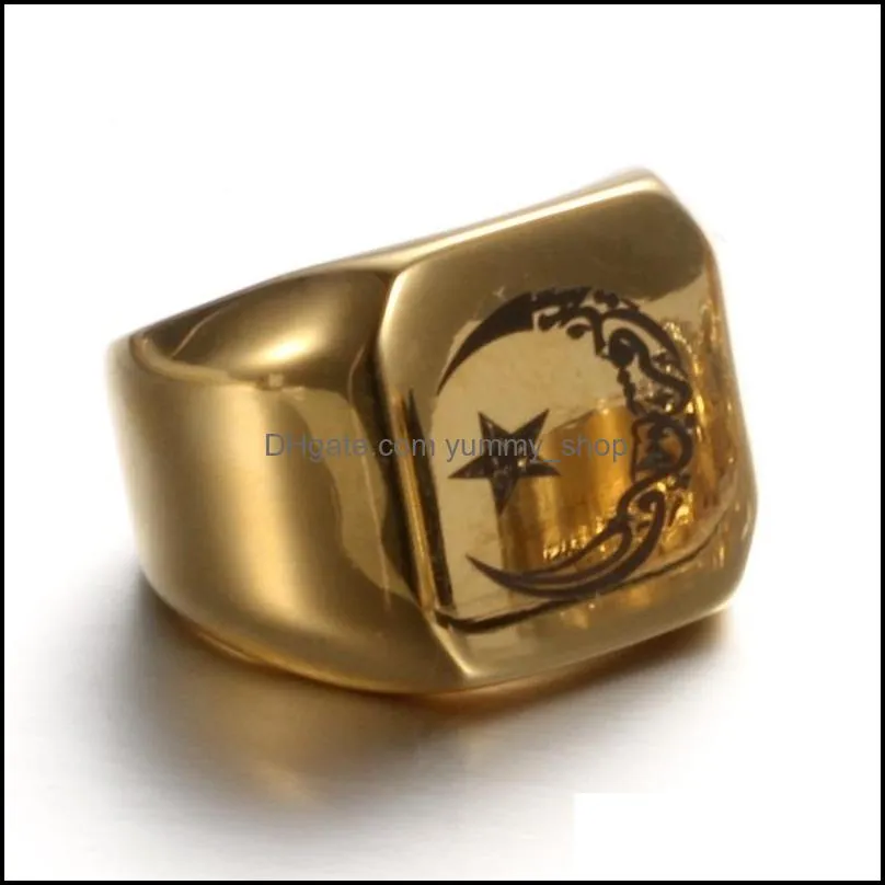 muslim lesser bairam star and moon ring band gold blue black stainless steel signet rings for men fashion jewelry