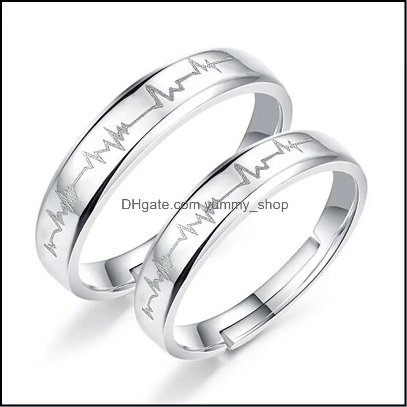 silver heartbeat ring band open adjustable couple rings engagement wedding for men women fashion jewelry gift