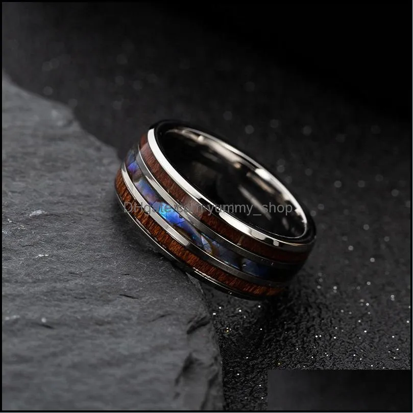 8mm mens wedding bands inlay hawaiian koa wood rings and abalone shell titanium steel ring finger for women men fashion jewelry