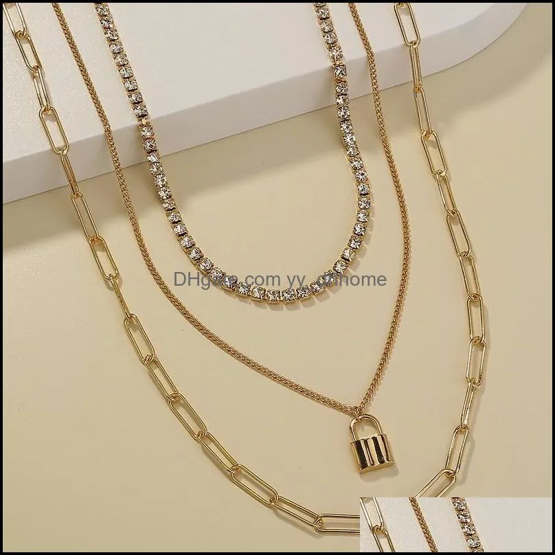 gold lock pendant necklaces multilayer stacking iced out chains chokers necklace collar for women fashion jewelry