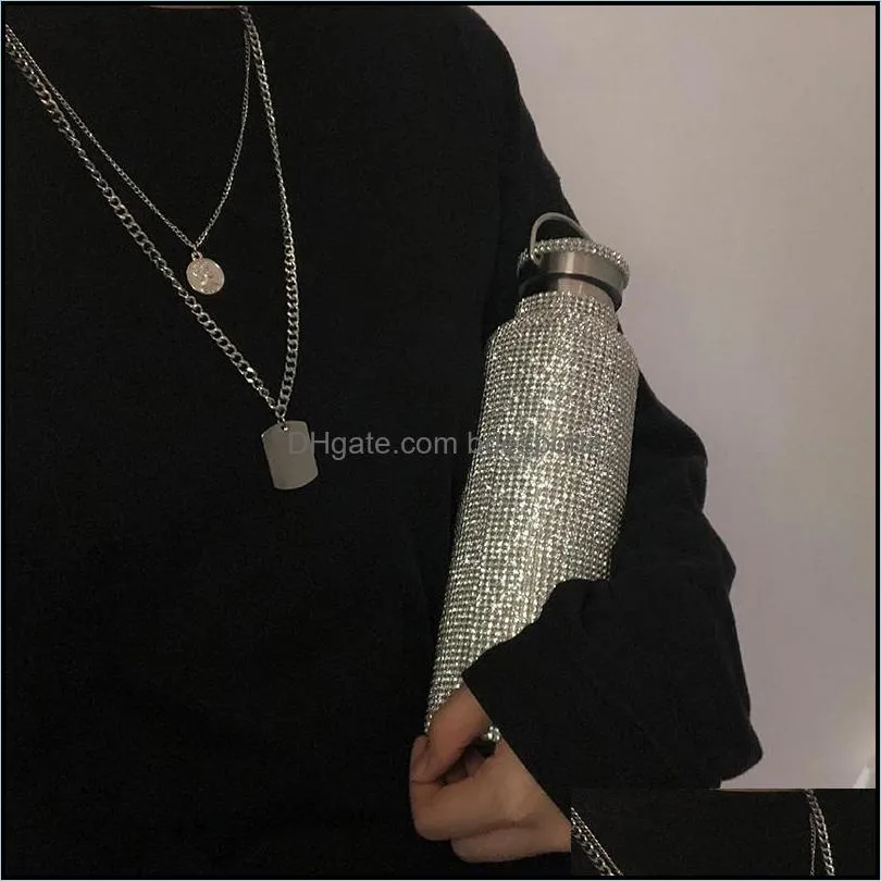 sparkling high end insulated bottles bling rhinestone stainless steel thermal bottle diamond thermo silver water bottle with lid