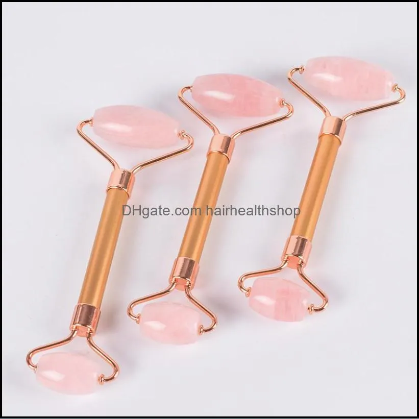 facial massage tool matte gold handle jade face massage roller natural crystal rose quartz facial roller