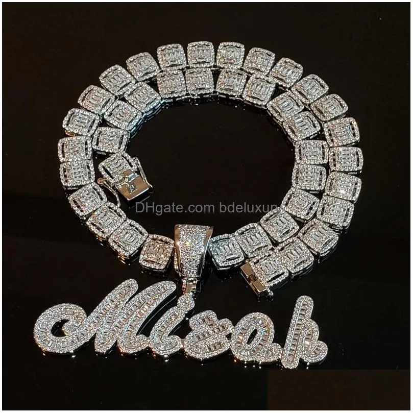 custom brush cursive iced out letter pendant name necklace baguettes chain micro paved cz personalized hiphop jewelry