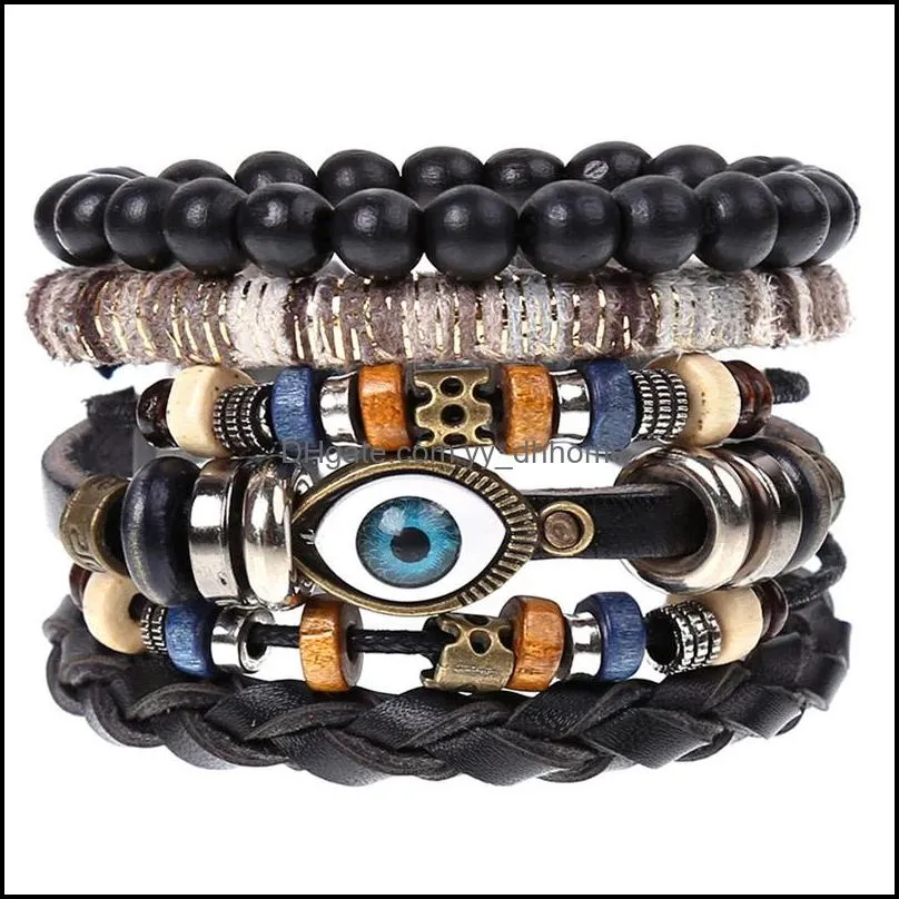 4pcs/set leather bracelets evil charm eye multilayer wrap bracelet set bangles cuff wristband men fashion jewelry gift