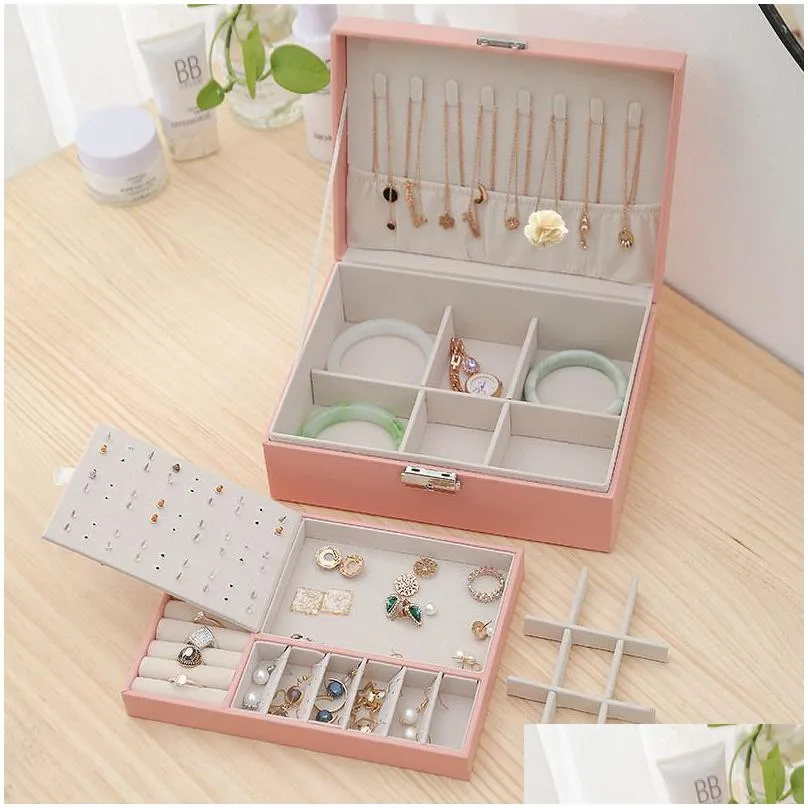 double layer jewelry box pu leather organizer display boxes travel jewelry storage case large space holder for rings earrings