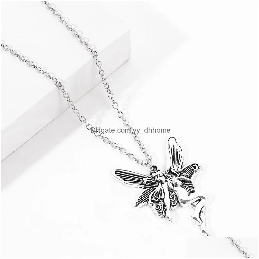 ancient punk statement angel fairy wings pendant necklace for women chains choker jewelry goth gothic vintage accessories
