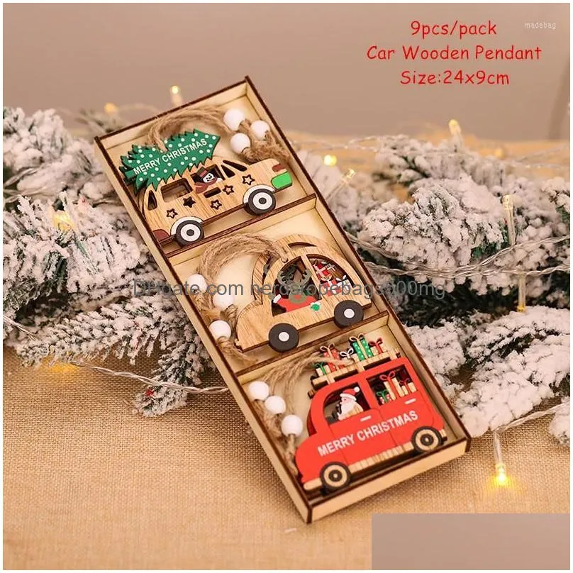 christmas decorations 9pcs/box car wooden pendants xmas tree hanging ornaments for home noel navidad decor kids gift