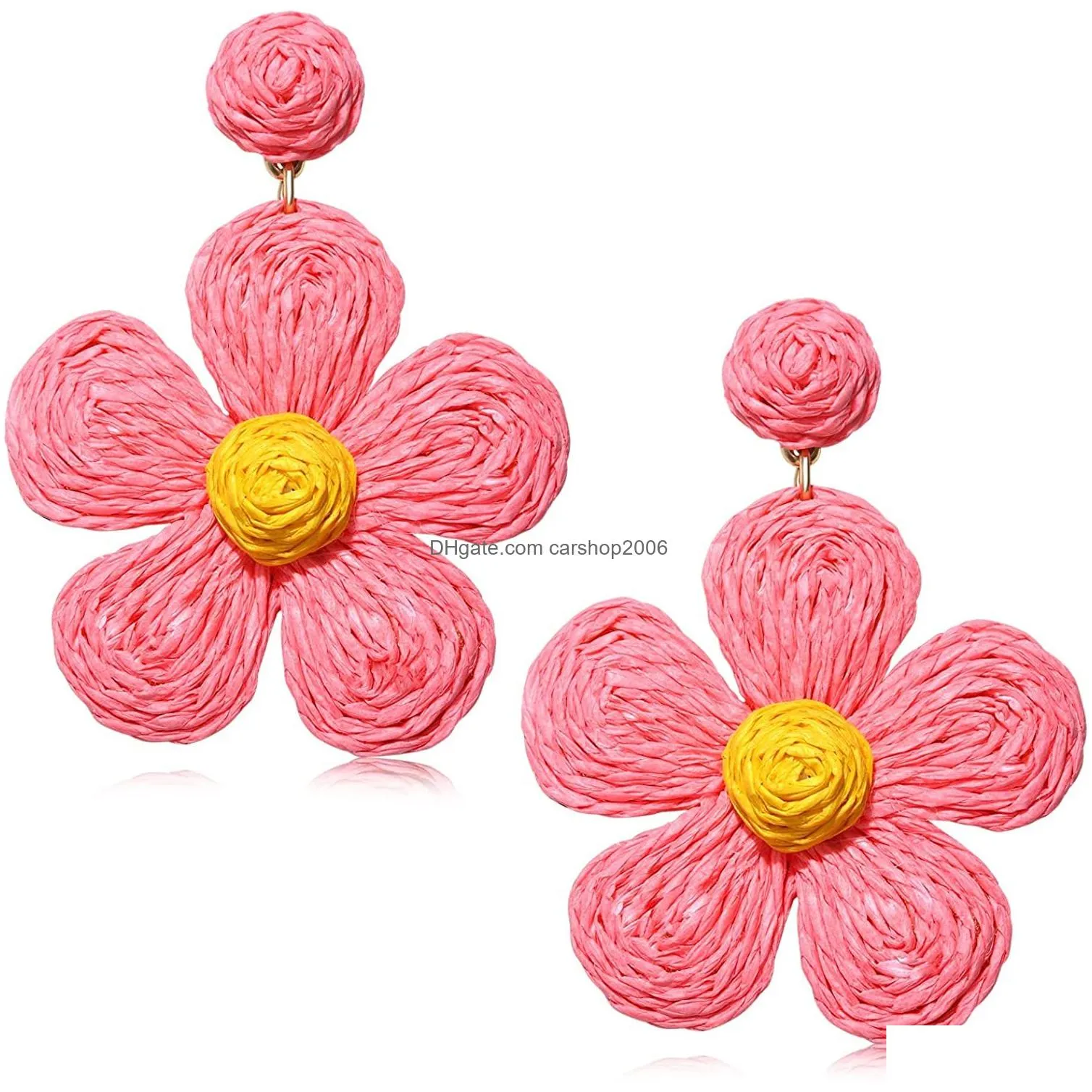 raffia flower earring stud for women girls boho handmade woven straw rattan drop geometric dangle summer beach ear jewelry