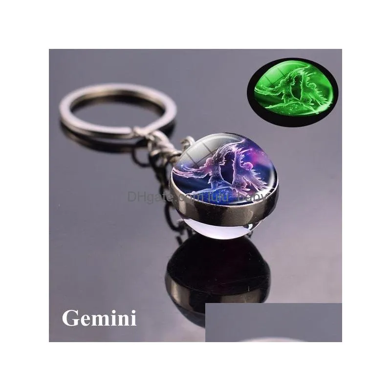 12 constellation luminous keychains glass ball pendant zodiac keychain glow in the dark key chain holder men women birthday gift