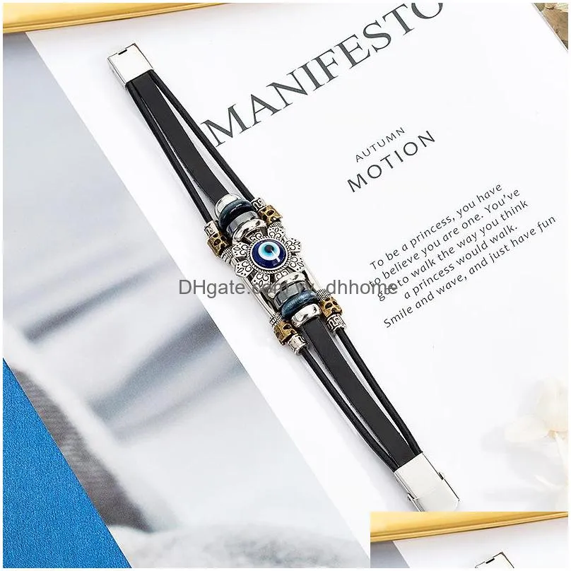 punk turkish evil eye stainless steel bend multilayer leather bracelet man woman charm flower jewelry bangle bijouterie