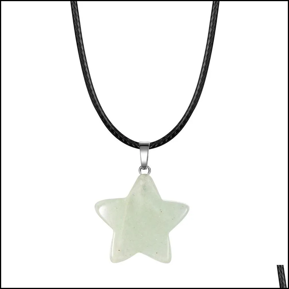 qimoshi natural healing crystal stone star pendant necklace reiki solar quartz pendants jewelry for womens mens 18inch leather