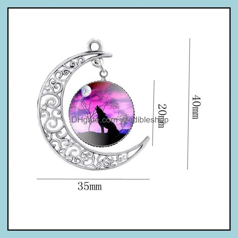 totem wolf glass cabochon necklace moon time gemstone necklaces chains silver animal models fashion jewelry for women mens gifts