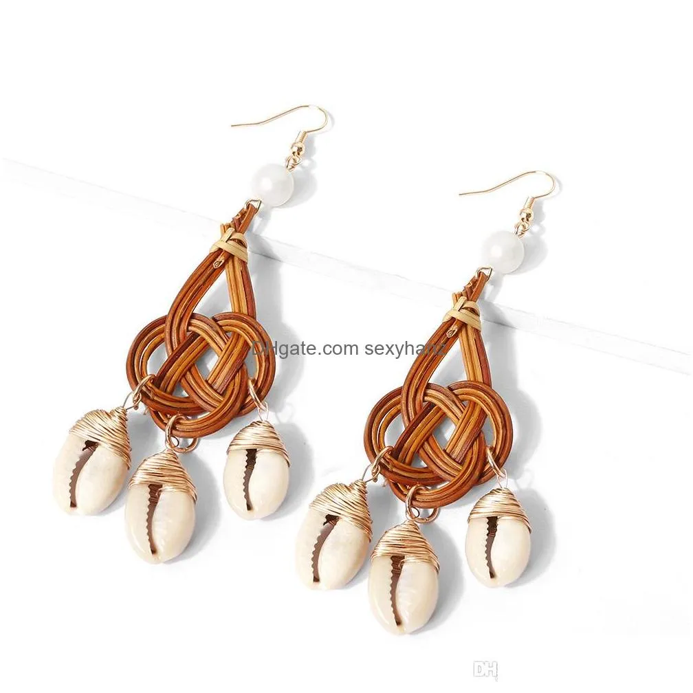 rattan shell earrings handmade straw wicker woven pendant bohemian shell chandelier statement ladies girl charm earrings