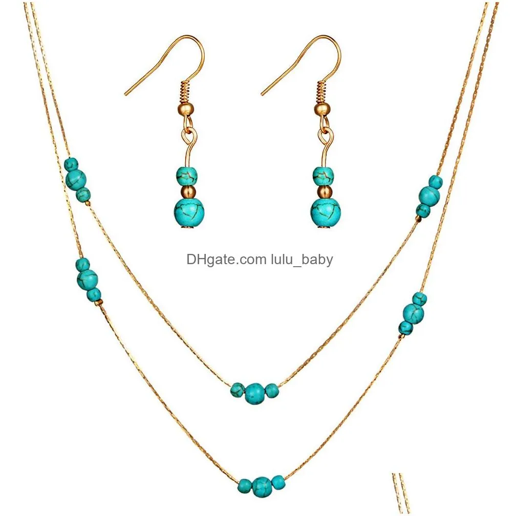 brand vintage turquoise jewelry sets blue turquoise necklace earring ring set women