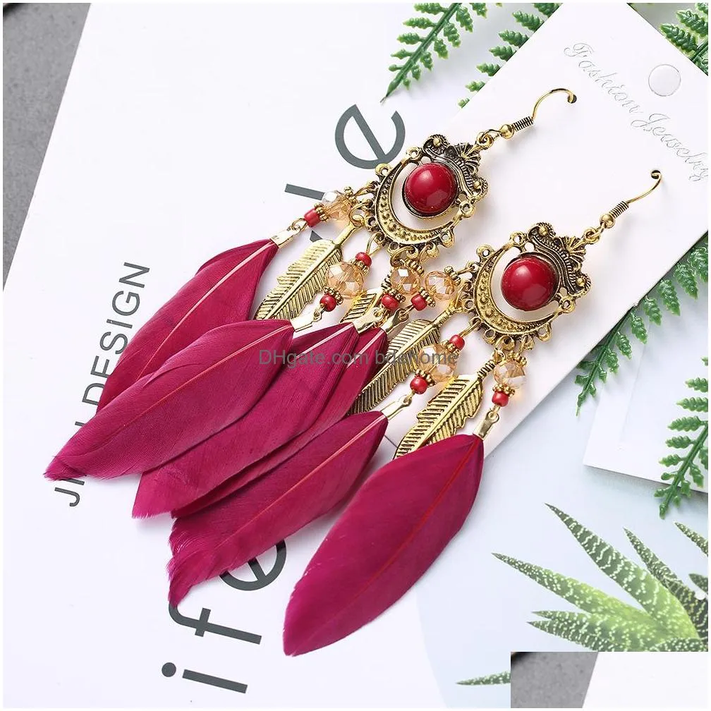 summer bohemian long feather dangle earrings for women beach chain tassel drop earring wedding bride jewelry oorbellen hangers