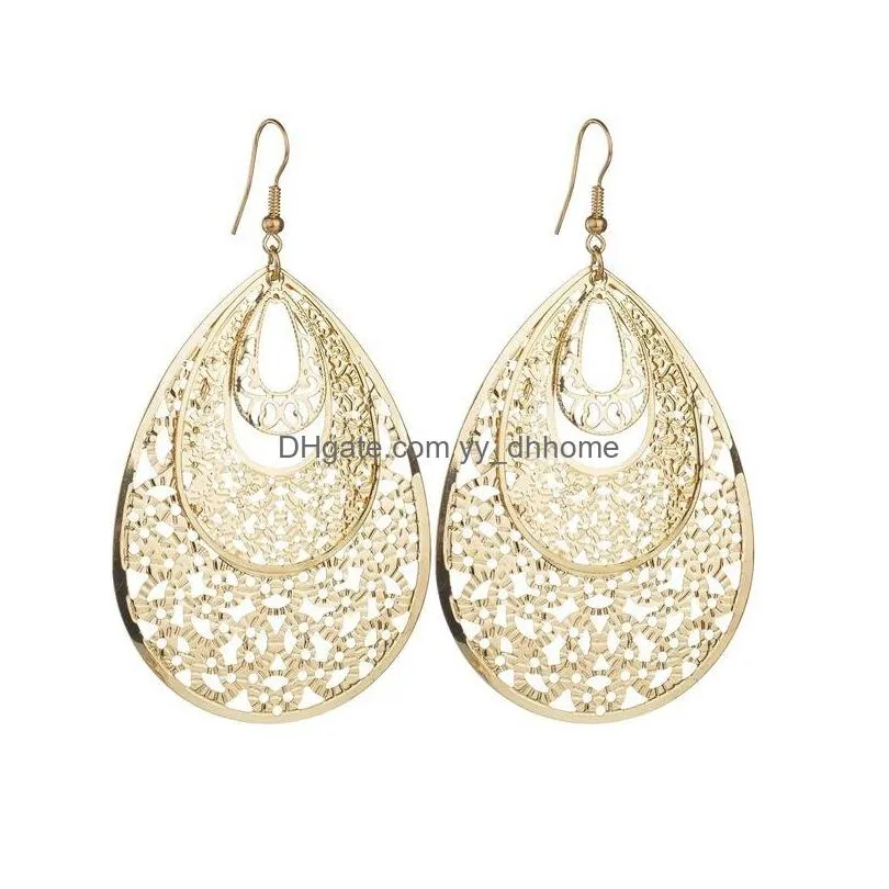  exaggerated metal water drop dangle earrings atmospheric disc multilevel fashion retro round boho style hollow ladies