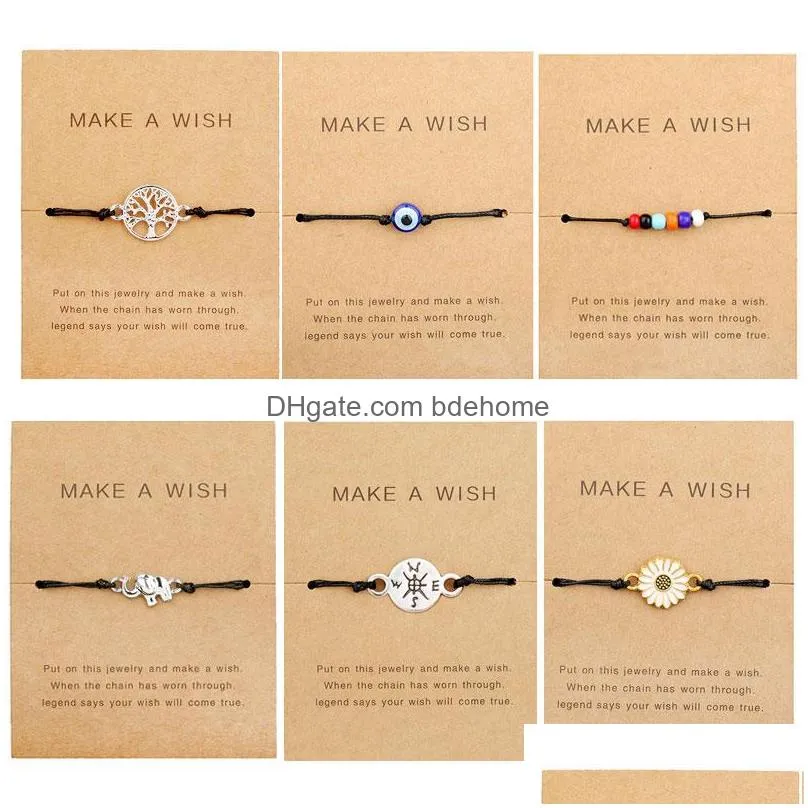 make a wish paper card adjustable bracelet turtle elephant tree map flower handmade woven bracelets simple fashion women jewelry gifts