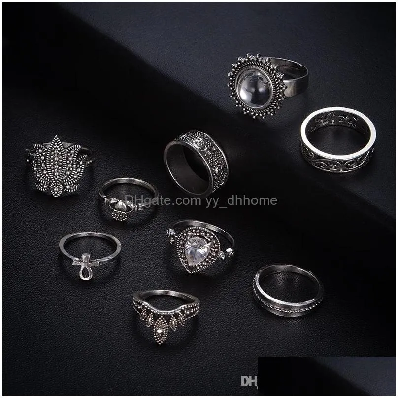 retro knuckles ring set silver retro ethnic style exaggerated gemstone combination 9 piece set joint knuckle nail ring set