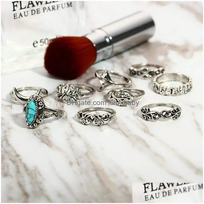 9 pieces set of personalized lady ring retro totem elephant turquoise lotus fish tail joint pattern casual party rings jewelry