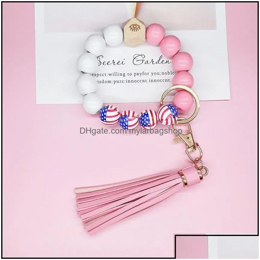 party favor american flag keychain wooden bead bracelets party favor tassel printed handmade wristband pendant fashion w mylarbagshop