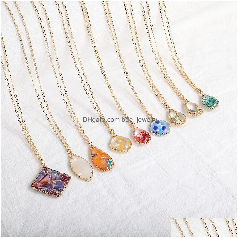 handmade water drop dried flower glass pendants necklace for women girls gold color chain necklaces wedding jewelry valentines day