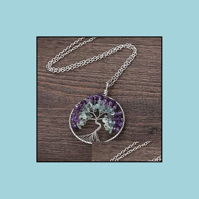 qimoshi tree of life keychain natural crystal stone handmade diy keychain amethyst charm pendant necklace cheap wholesale