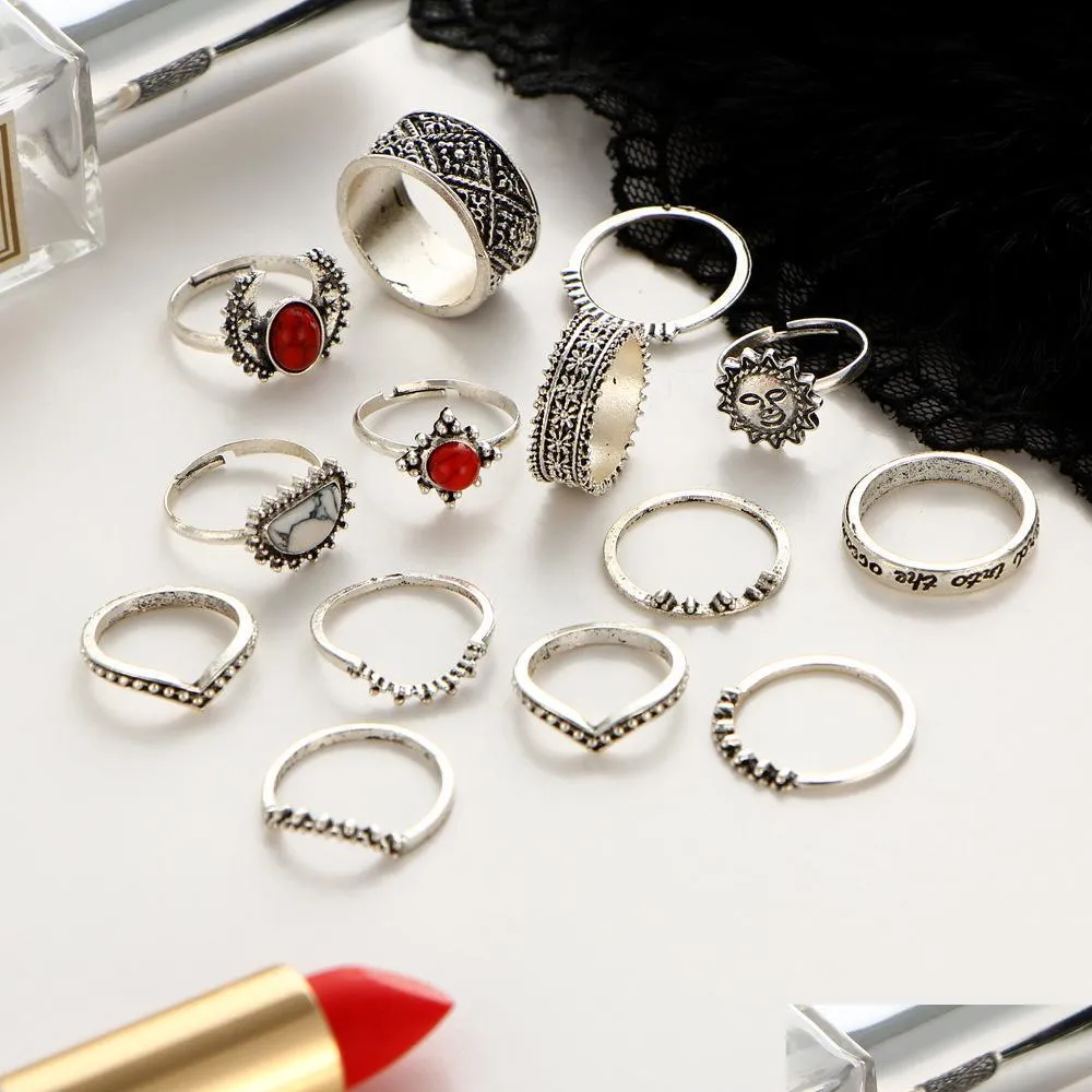 vintage silver carved joint ring 14piece combination set womens rings bague femme women men