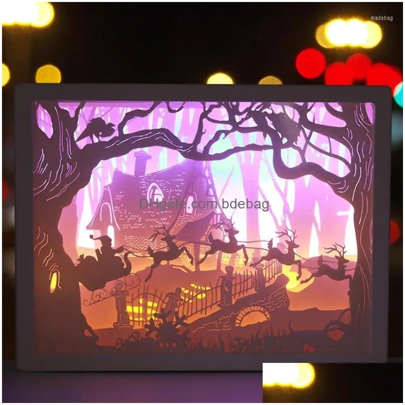 christmas decorations forest deer house papercut light box 3d paper carving shadow led night lamp plastic frame holiday party table