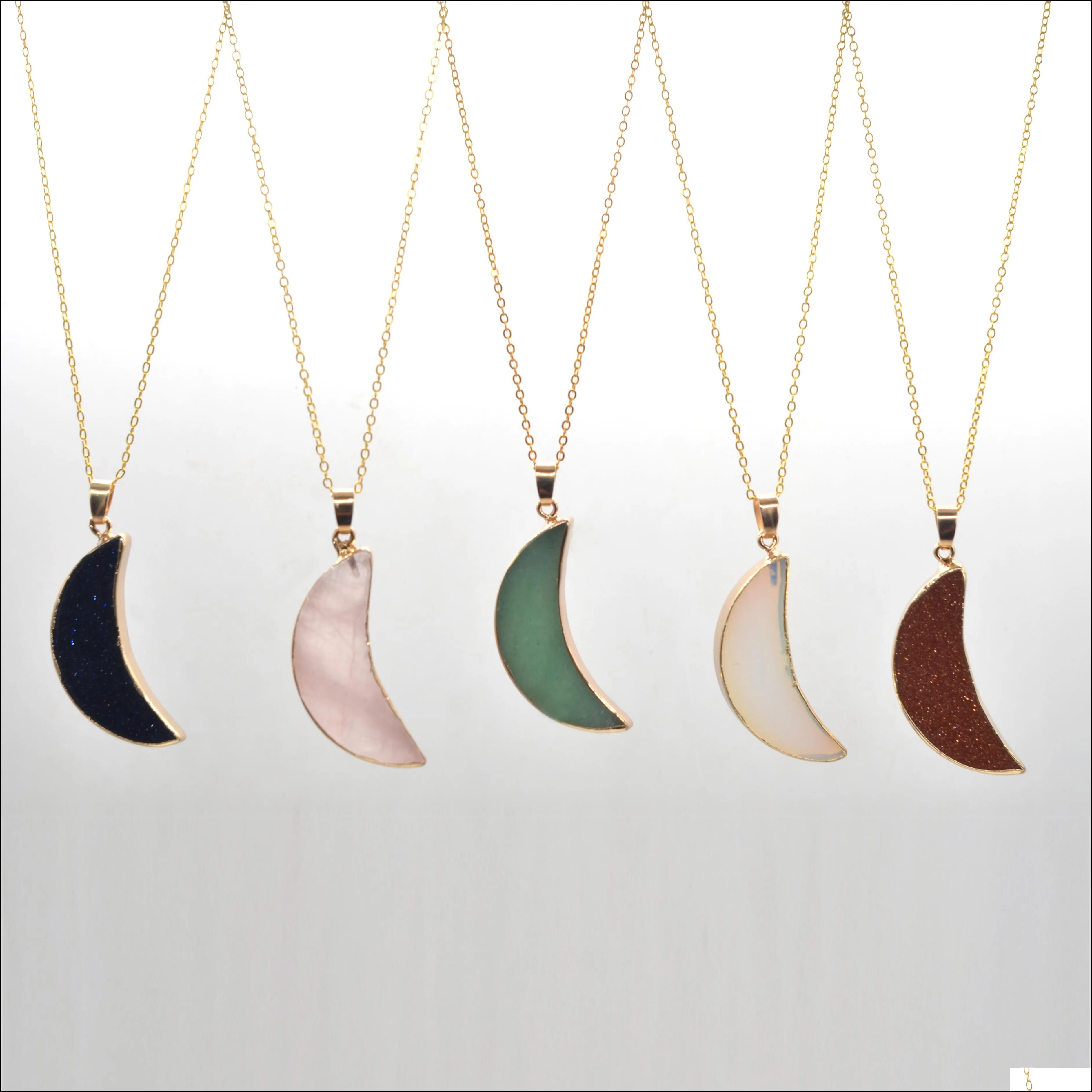 crescent moon necklace gold plated natural gemstones pendant crystals and healing stones necklaces hand diy jewelry accessories