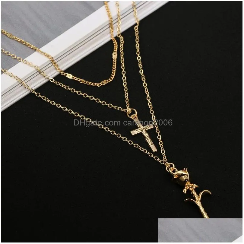 layered pendant for women girl gold silver handmade long cross chain chocker necklaces