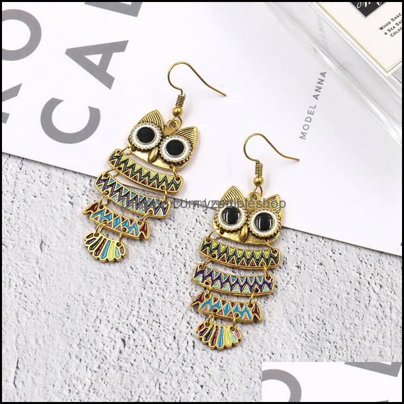 ancient bronze bird owl earrings enamel animal hook chandelier dangle earrings for women fashion jewelry