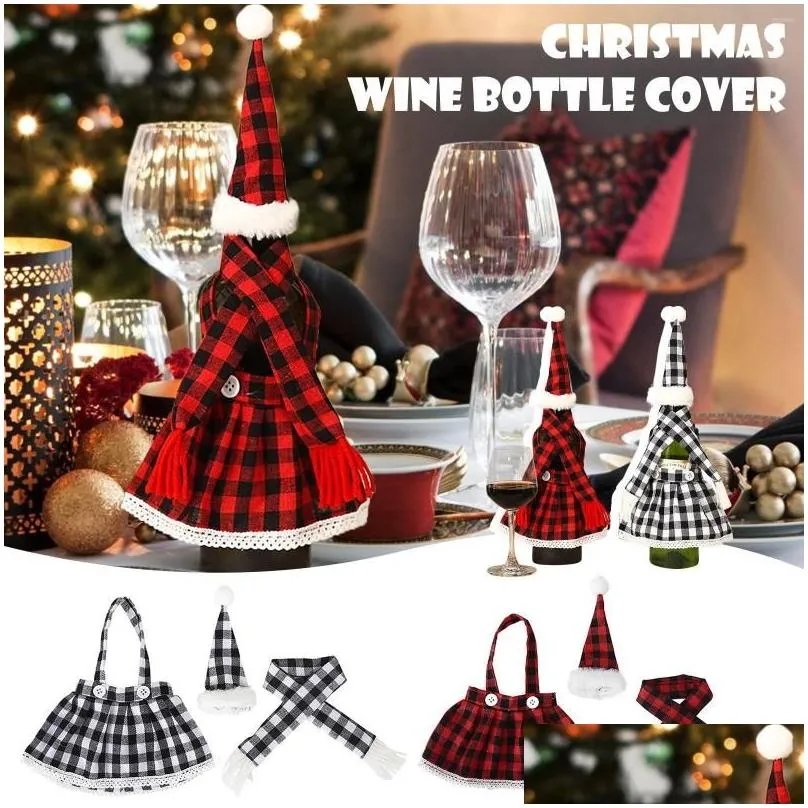 christmas decorations plaid skirt wine bottle cover bar table atmosphere layout decoration 2022 ornaments decor navid noel