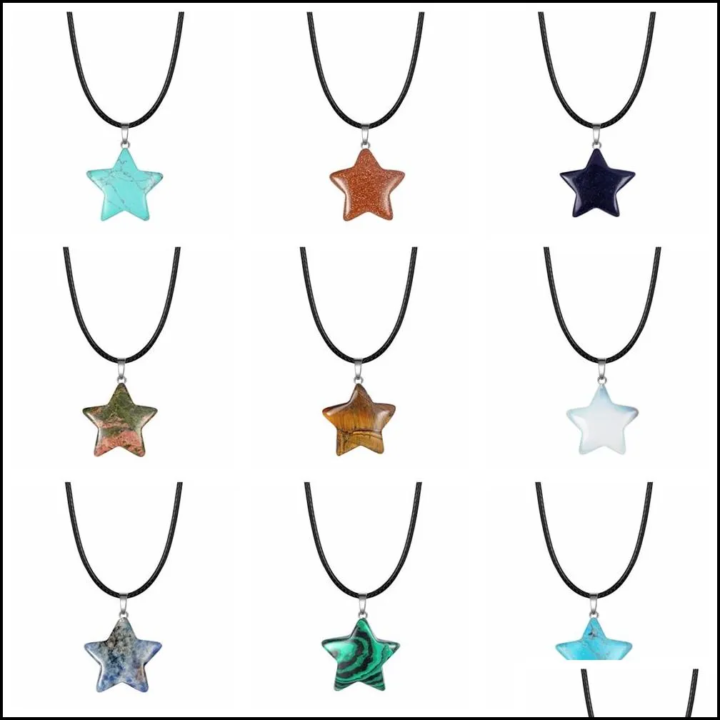 qimoshi natural healing crystal stone star pendant necklace reiki solar quartz pendants jewelry for womens mens 18inch leather