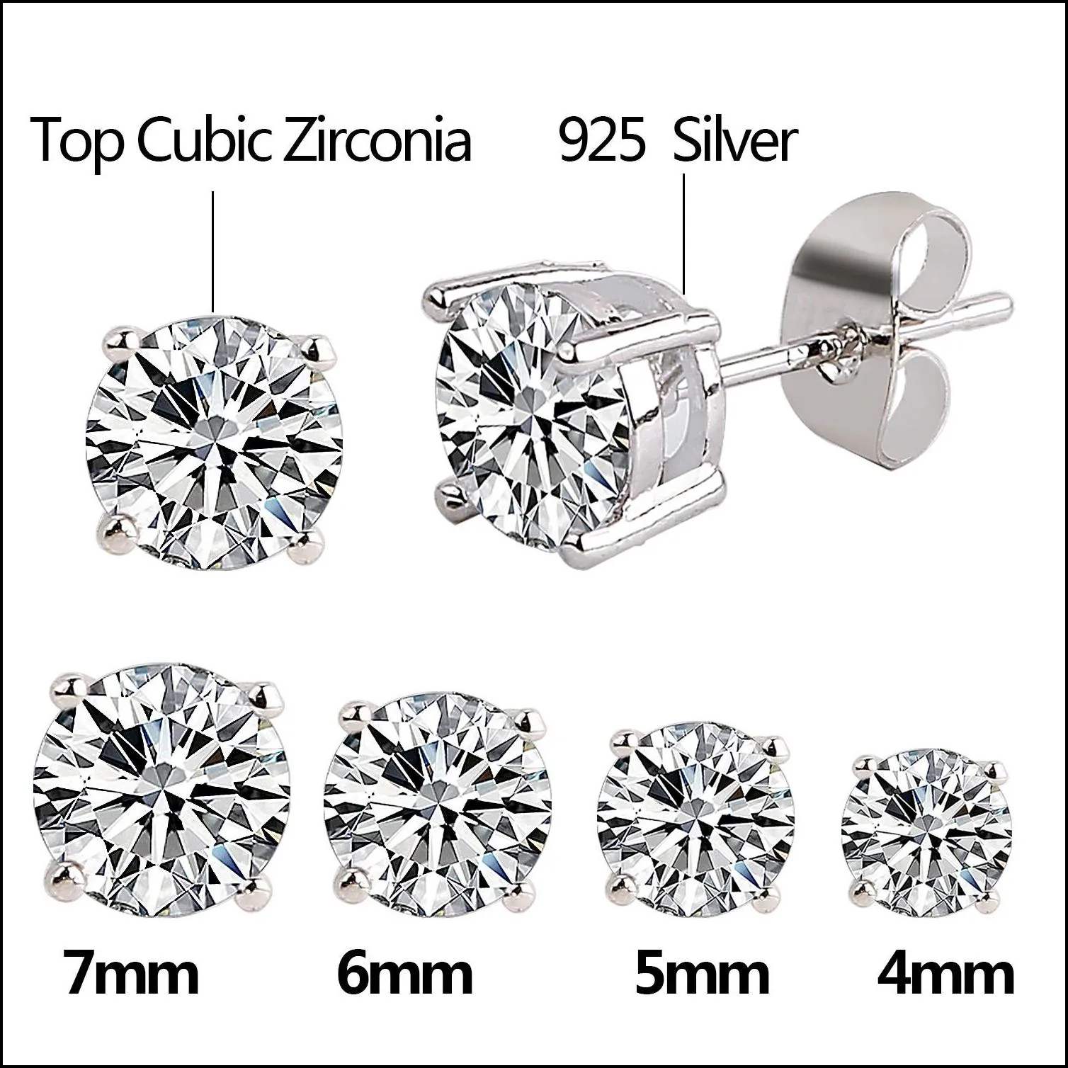 cz stud earring 925 sterling sliver simulated diamond round cubic zirconia stud ear sets4 pair