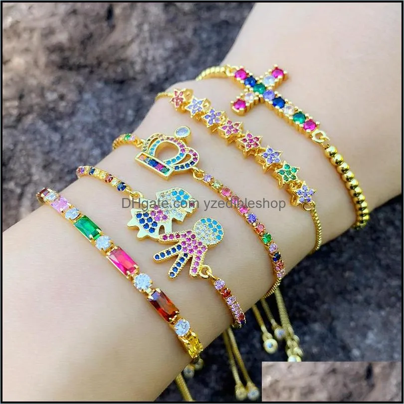 18k gold rainbow zircon diamond bracelet pull string adjustable crown heart cross charm bracelets women fashion jewelry