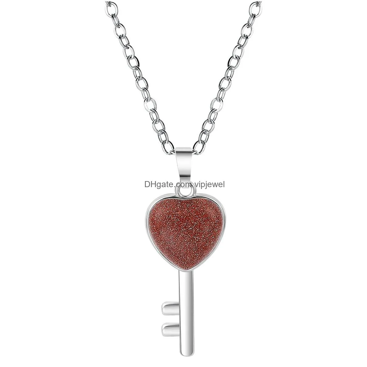 natural gemstone heart key pendant necklace for women men birthstone healing chakra crystal quartz jewelry 45cm silver chain
