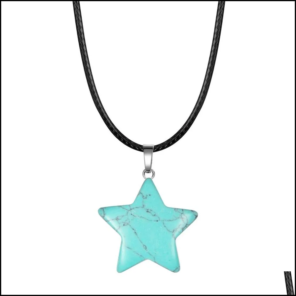 qimoshi natural healing crystal stone star pendant necklace reiki solar quartz pendants jewelry for womens mens 18inch leather