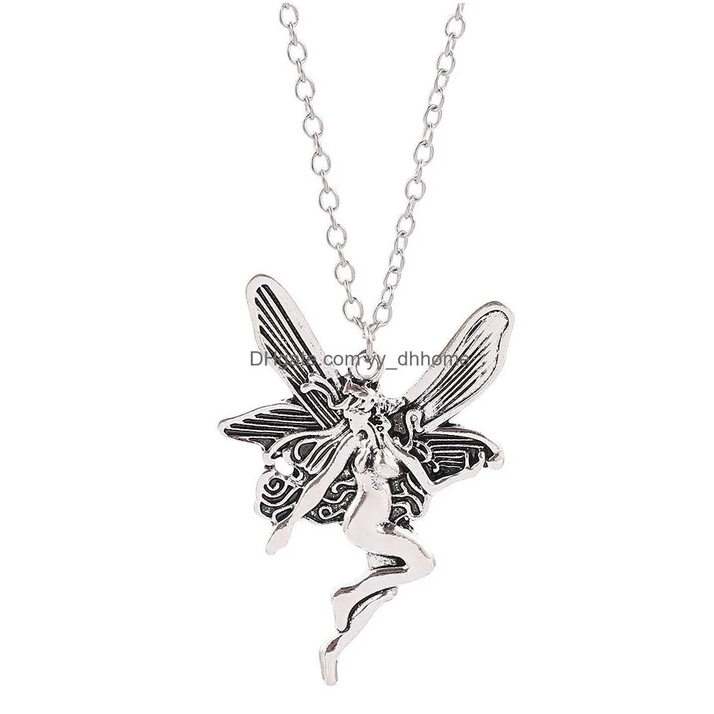 ancient punk statement angel fairy wings pendant necklace for women chains choker jewelry goth gothic vintage accessories